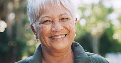 Buy stock photo Portrait, retirement and smile of old woman in park for break, relax or wellness on weekend morning. Happy, proud and satisfaction with senior person outdoor in nature for chilling or me time