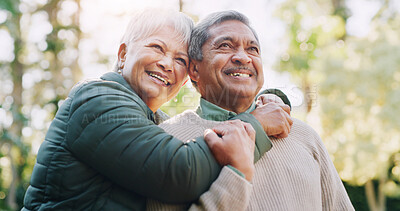 Buy stock photo View, embrace and old couple in park, relationship and bonding together with support. Outdoor, countryside and man with woman, memory and retirement with marriage, love and explore with smile or care