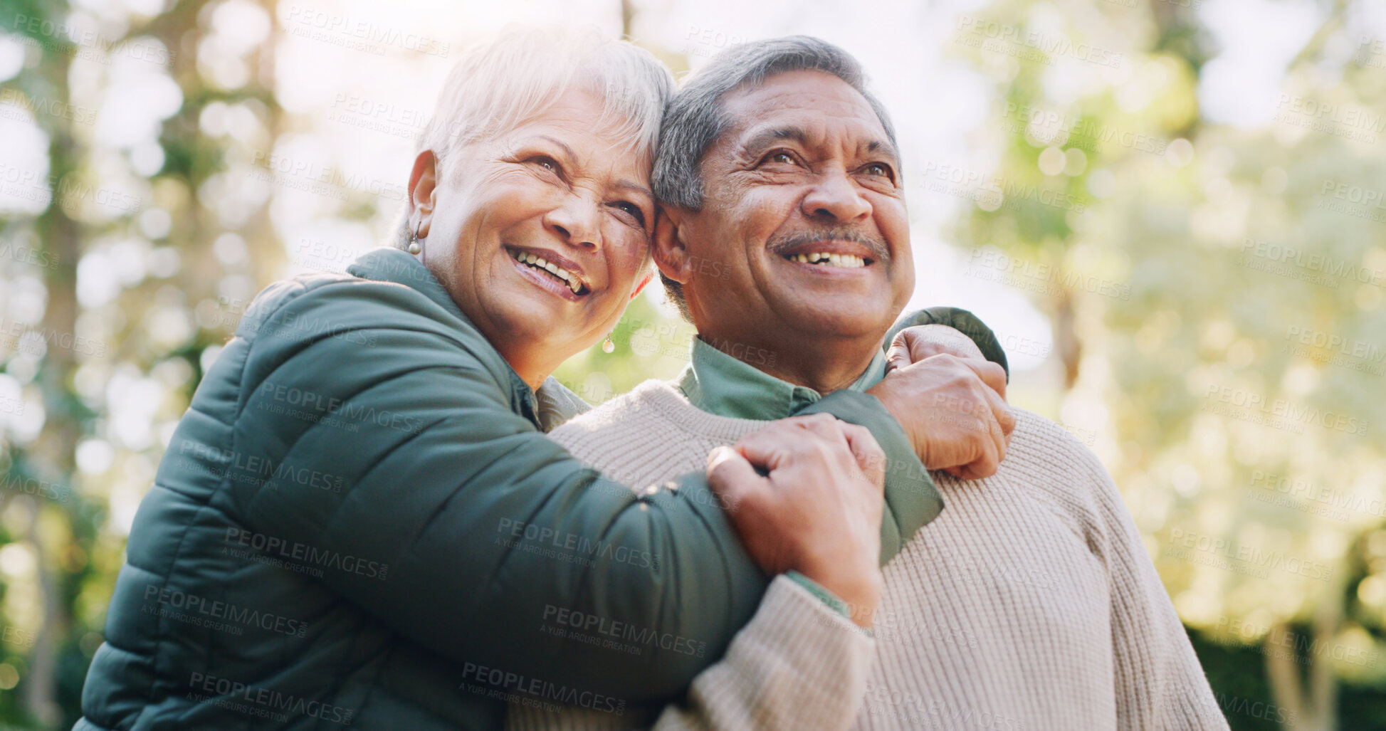 Buy stock photo View, embrace and old couple in park, relationship and bonding together with support. Outdoor, countryside and man with woman, memory and retirement with marriage, love and explore with smile or care