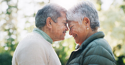 Buy stock photo Happy, senior couple and love at park for partner care, travel date and bonding together. Smile, elderly people and affection with romance, healthy relationship and marriage commitment for vacation
