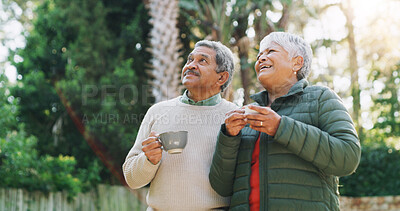 Buy stock photo Relax, thinking and coffee with old couple in garden for happy, retirement future and peace. Smile, tea and pension vision with elderly man and woman in backyard of home for reflection and support