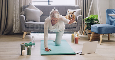 Buy stock photo Laptop, yoga and mature woman in home for online tutorial, health class and exercise lesson. Morning routine, workout and person on floor with computer for mobility, posture wellness and pilates