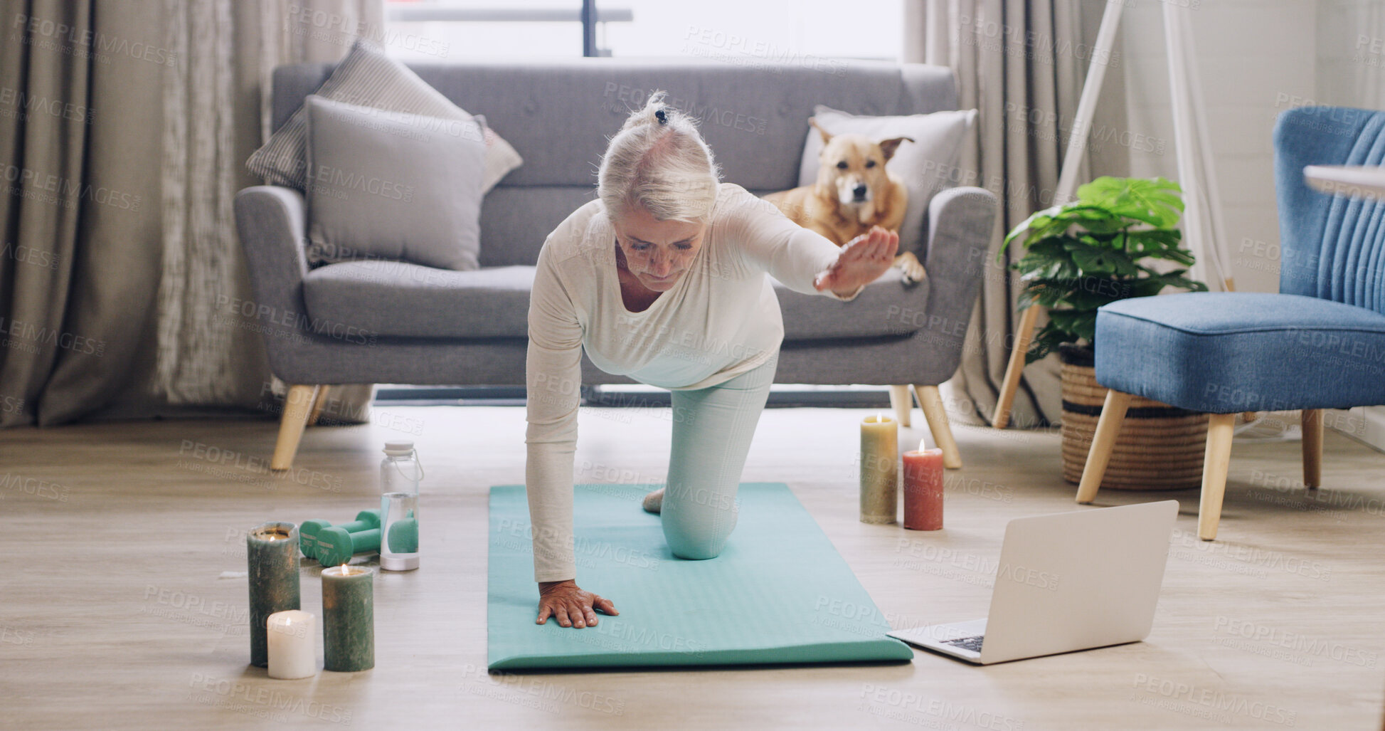 Buy stock photo Laptop, yoga and mature woman in home for online tutorial, health class and exercise lesson. Morning routine, workout and person on floor with computer for mobility, posture wellness and pilates