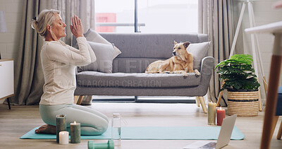 Buy stock photo Laptop, meditation and yoga with woman on living room floor for inner peace or online class. Balance, computer or mindfulness with person and pet dog in apartment for tutorial or virtual learning