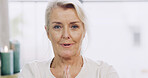 Yoga, meditation and senior woman with fitness, home and breathing with retirement, wellness and zen. Pensioner, apartment and mature person with exercise, chakra and healthy with routine and calm