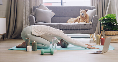 Buy stock photo Laptop, stretching and yoga with woman on floor of living room for online class or course. Computer, fitness or flexibility with person and pet dog in apartment for virtual learning of child's pose
