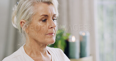 Buy stock photo Thinking, home and relax with senior woman, peace and wellness with weekend break. Apartment, pensioner and mature person in lounge, decision and choice with wonder, thoughtful and contemplation