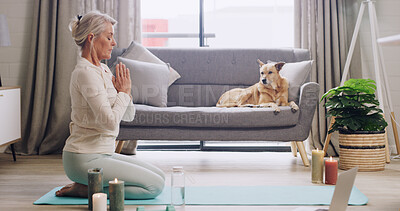 Buy stock photo Laptop, meditation and yoga with woman on floor of living room for online class or course. Computer, fitness or mindfulness with person and pet dog in apartment for tutorial or virtual learning
