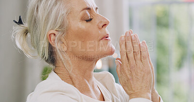 Buy stock photo Breathing, meditation and yoga with woman in home for balance, inner peace or mindfulness. Awareness, relax and wellness with mature person in apartment for holistic wellbeing or mental health