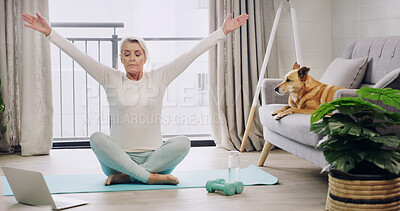 Buy stock photo Arms, laptop and yoga with woman on living room floor for online class or tutorial course. Computer, exercise or stretching with mature person and pet dog in apartment together for virtual learning
