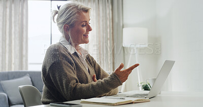 Buy stock photo Laptop, pointing and video call with woman in home office for online communication or remote work. Computer, conversation and virtual meeting with mature freelancer in apartment for discussion