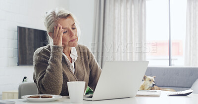 Buy stock photo Home, headache and old woman with laptop, debt review and frustrated with subscription error. Loan decline, pensioner and senior person with pc, migraine and upset with financial mistake and stress