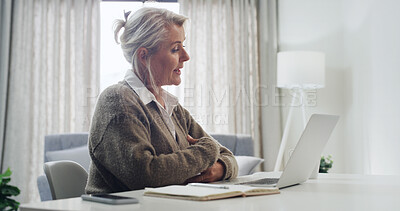 Buy stock photo Laptop, talking and video call with woman in home office for online communication or remote work. Computer, conversation and discussion with mature freelancer in apartment for virtual meeting