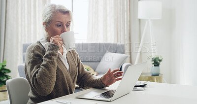Buy stock photo Coffee, laptop and remote work with woman in living room of home for planning, reading or research. Computer, drink and small business with mature freelance employee at desk in apartment for report