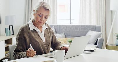 Buy stock photo Laptop, remote work and writing with woman in living room of home for notes, planning or research. Computer, notebook and small business with mature freelance employee at desk in apartment for agenda