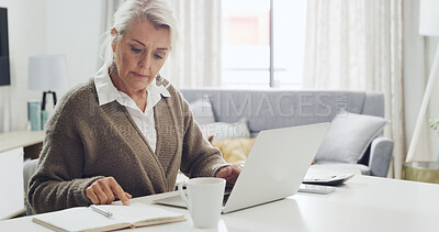Buy stock photo Laptop, reading and remote work with woman in living room of home for notes, planning or research. Computer, notebook and small business with mature freelancer at desk in apartment for agenda