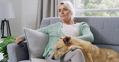 Buy stock photo Mature woman, dog and watching tv on sofa, relax and subscription for movies in living room. Person, pet animal and care on couch for television show, film or streaming series at in lounge apartment