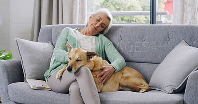 Buy stock photo Home, sofa and mature woman with dog for love, support and animal care in living room to relax. Best friend, house lounge and senior owner with canine, nap or rest for bonding together on couch