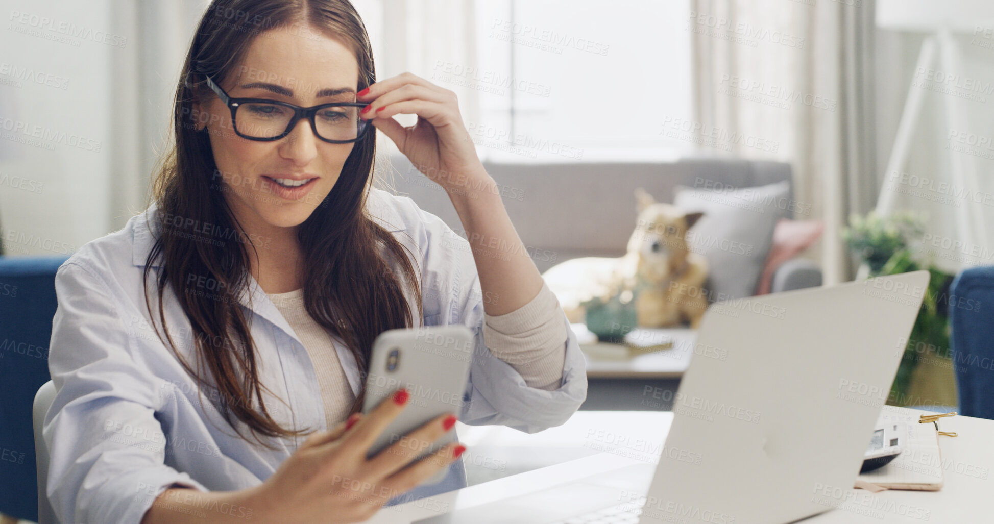 Buy stock photo Phone, freelancer and happy woman in home office, reading email or update for financial budget. Smile, remote work and accountant with mobile for online communication, text message or audit review