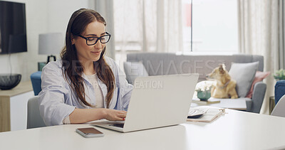 Buy stock photo Glasses, research and laptop with woman in home for tax return review, mortgage payment and planning. Online banking, income audit and invoice bills with person in living room for account budget 