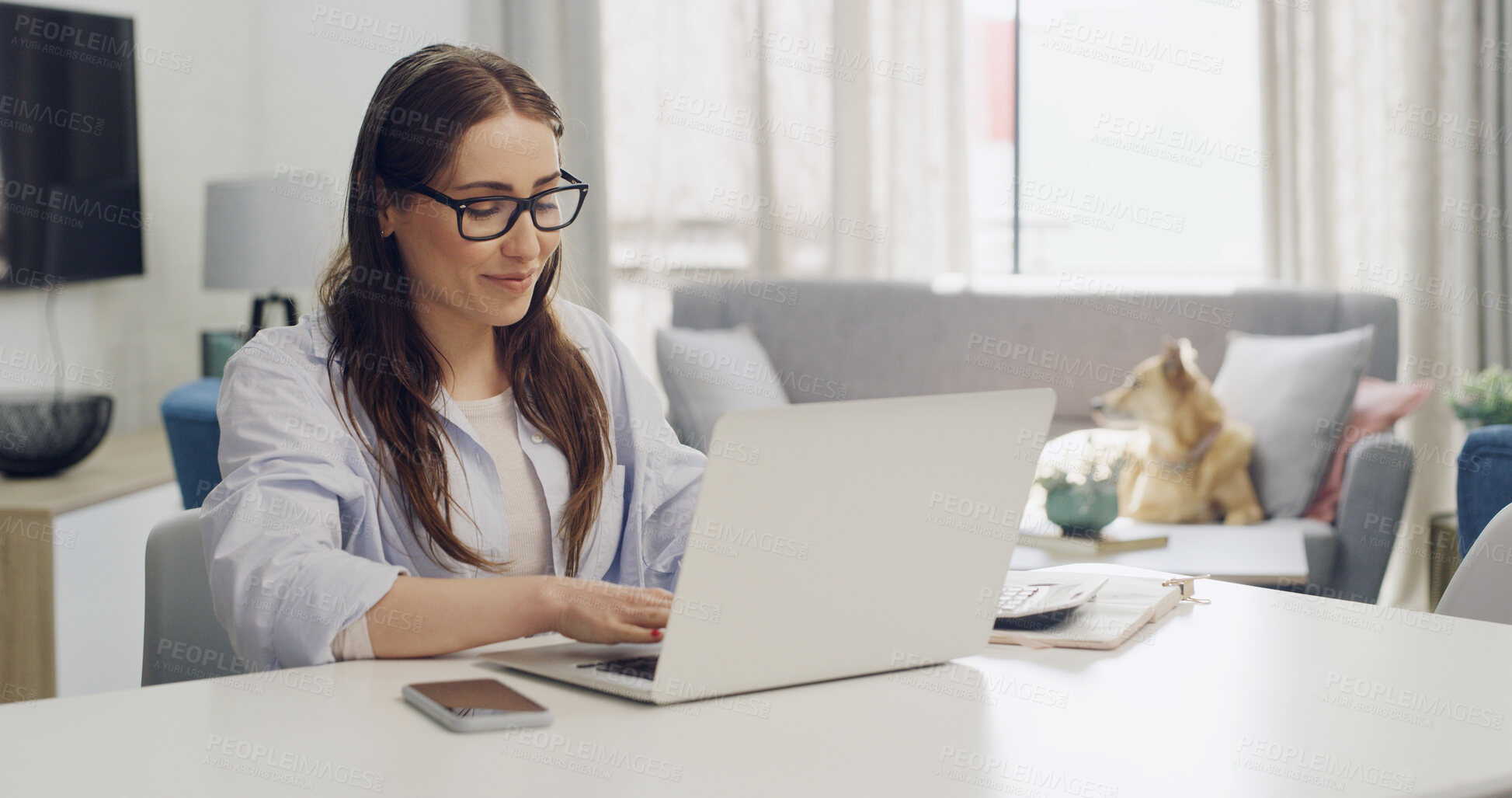 Buy stock photo Glasses, research and laptop with woman in home for tax return review, mortgage payment and planning. Online banking, income audit and invoice bills with person in living room for account budget 