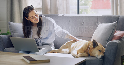 Buy stock photo Break, laptop or stoke with dog and happy woman on sofa together for bonding, loyalty or relax. Computer, petting or streaming with pet owner and sleeping animal in home apartment for companionship