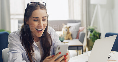 Buy stock photo Home, student and woman with smartphone, surprise and announcement for test results. Apartment, shocked and person with happiness, cellphone and email notification for university scholarship and wow