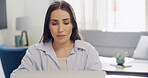 Woman, laptop and remote work from home with project, review and thinking for article in living room. Person, computer and writer with editing process, feedback and freelance career at apartment