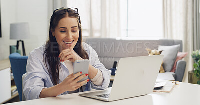 Buy stock photo Mobile, remote work and woman laugh in home office, reading meme or update for financial budget. Smile, freelancer and accountant with phone for online communication, funny message or audit review
