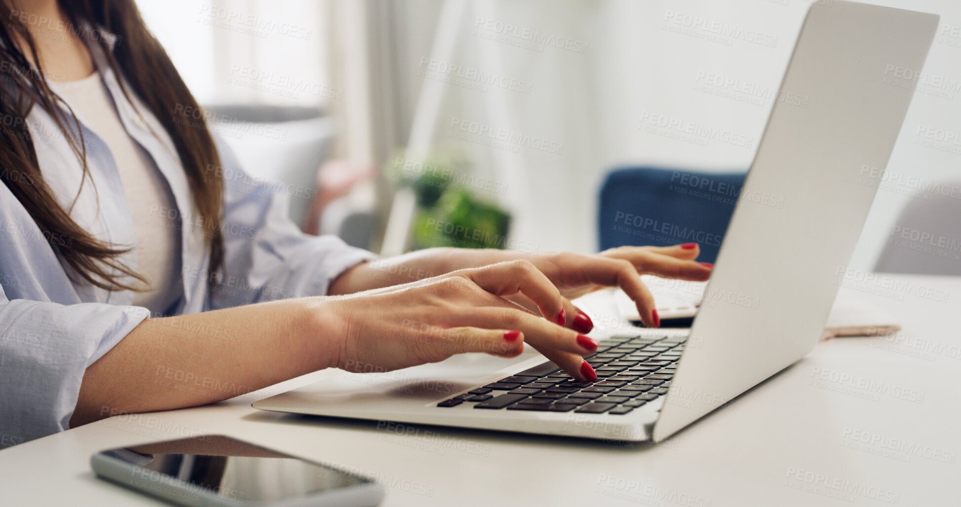 Buy stock photo Remote work from home, hands and woman with laptop, copywriting and email for article feedback. Keyboard, employee and journalist with PC, creativity and research for news report, review and editing
