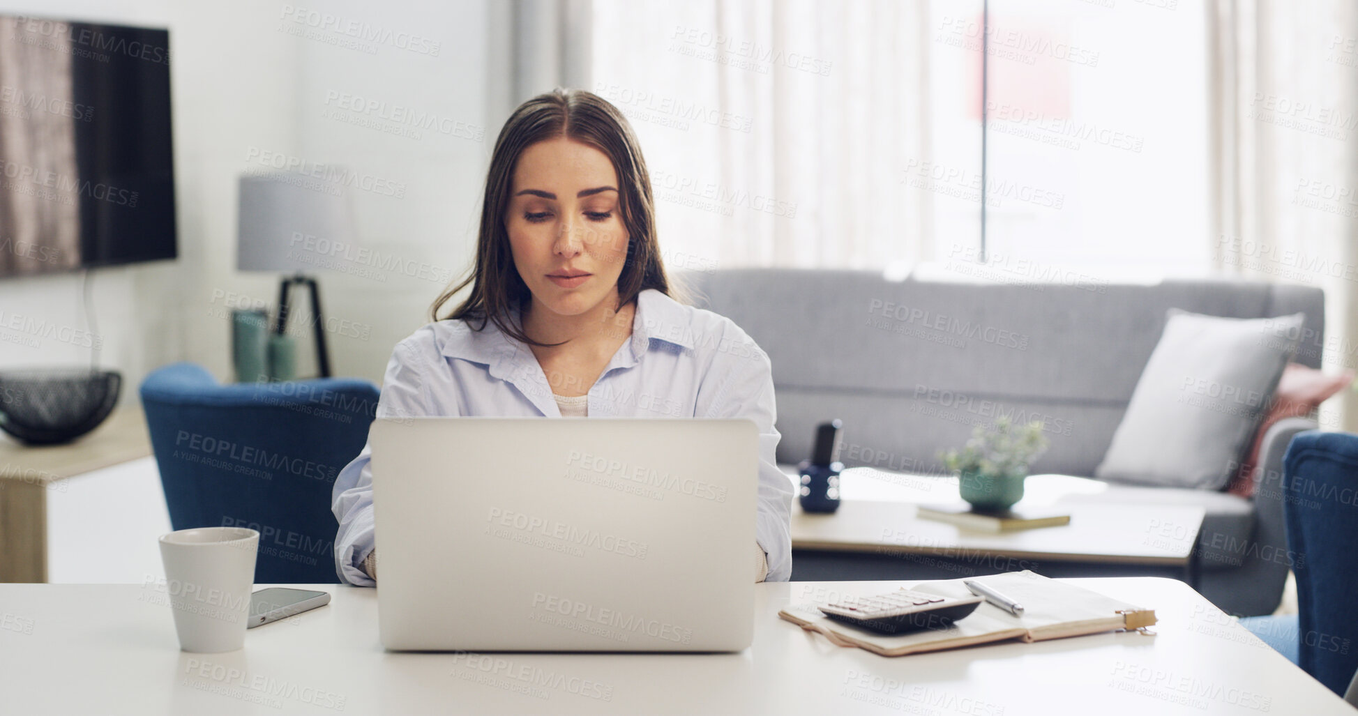 Buy stock photo Calculator, laptop and remote work with woman in living room of home for notes, planning or research. Computer, finance and small business with freelance employee at desk in apartment for agenda