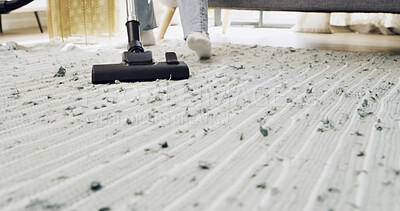 Buy stock photo Person, feet and cleaning mat with vacuum in home for housekeeping, chores or hygiene. People, cleaner or closeup with equipment, carpet or rug for tidy space, dirt or dust removal on floor in house