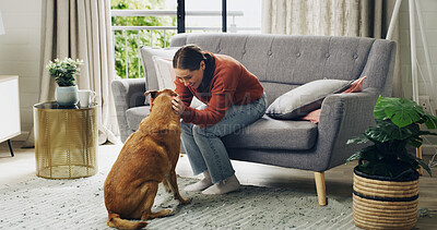 Buy stock photo Happy woman, play and care for dog on sofa, love and stroke for trust in living room at apartment. Person, pet animal and connection in lounge with loyalty, touch or bonding on couch in house