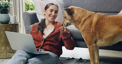 Buy stock photo Break, laptop or smile with dog and woman in living room together for bonding, loyalty or relax. Computer, petting or streaming with animal and pet owner in apartment for companionship or safety
