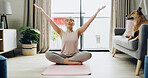 Woman, meditation and breathing for yoga at house with inhale exercise, mindfulness and peace. Female person, eye closed and fitness for spiritual healing, holistic balance and mental health practice