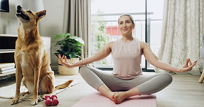 Buy stock photo Yoga, meditation and woman with dog, house and routine with wellness, fitness and breathing. Pet owner, lotus pose and person on mat, animal and mindfulness with stress relief, balance and healthy