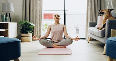 Buy stock photo Woman, breathing and lotus pose for yoga at house for meditation, mindfulness and peace. Female person, yogi and eye closed for fitness hobby, spiritual healing and holistic balance for mental health
