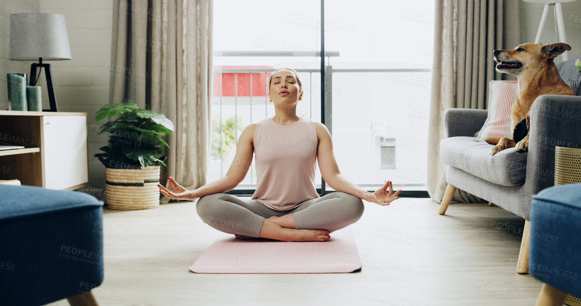 Buy stock photo Woman, breathing and lotus pose for yoga at house for meditation, mindfulness and peace. Female person, yogi and eye closed for fitness hobby, spiritual healing and holistic balance for mental health