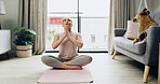Thinking, woman and meditation for yoga at house for breath exercise, mindfulness and peace. Female person, prayer hands and namaste for spiritual healing, holistic balance and mental health practice