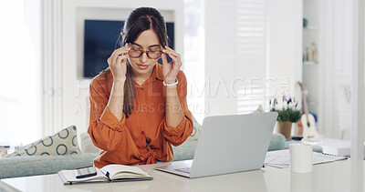 Buy stock photo Diary, notes and woman with laptop in home for remote work, research or website for learning. Glasses, female author or creative freelancer with book for blog, planning ideas or publishing review