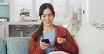 Woman, phone and credit card on sofa with smile for online shopping, deal or easy payment in home. Girl, smartphone and happy with e commerce, sale or bills on fintech app with banking at apartment