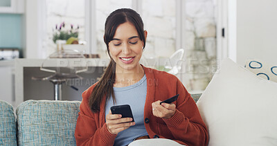 Buy stock photo Woman, phone and credit card on sofa with smile for online shopping, deal or easy payment in home. Girl, smartphone and happy with e commerce, sale or bills on fintech app with banking at apartment