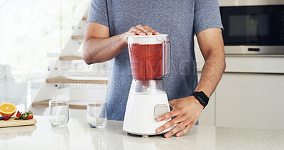 Buy stock photo Detox, smoothie and hands with a blender for healthy diet, nutrition and fruit in kitchen. Natural, appliance and male person with vegan ingredients for drink, protein shake or supplement in home
