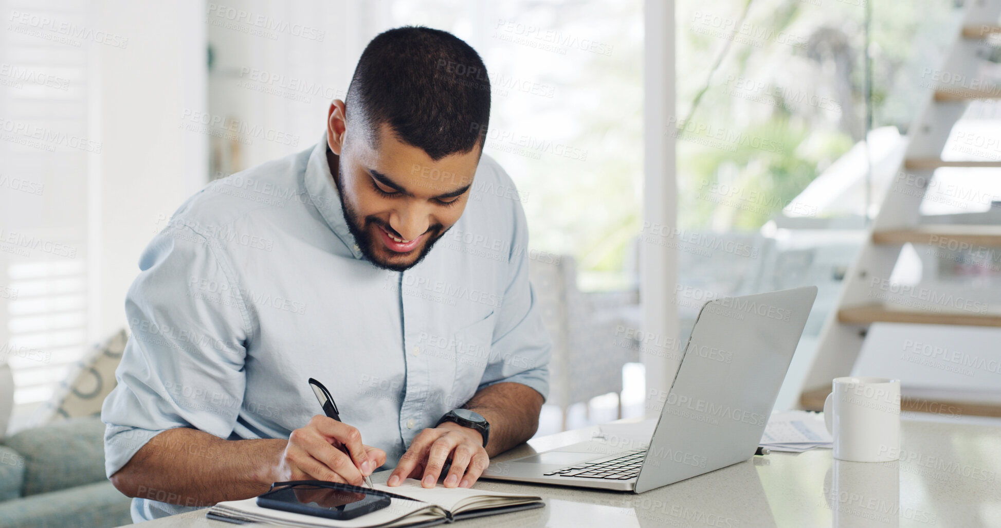Buy stock photo Remote work from home, writing and man with laptop, schedule and notebook with ideas. Happy person, review and journalist with pc, editing and planning with feedback, news report and brainstorming