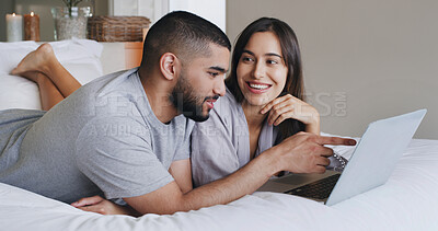 Buy stock photo Laptop, happy and couple on bed in home with watching movie, film or series together on weekend. Smile, technology and man with woman streaming show on website for bonding in bedroom at apartment.