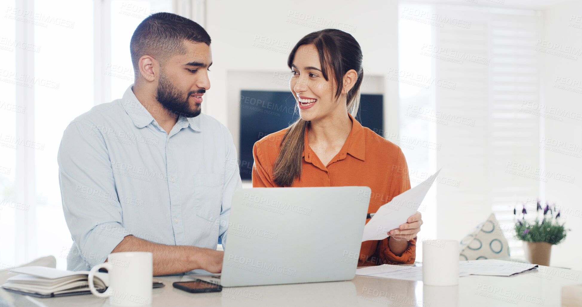Buy stock photo Documents, laptop and money with couple in kitchen of home together for finance or investment. Budget, computer and paperwork with happy people in apartment for banking, bill payment or savings