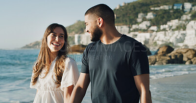 Buy stock photo Love, smile and vacation with couple at beach for travel, summer and relax. Adventure, support and holiday trip with walking, man and woman on seaside date for commitment, care and happy together