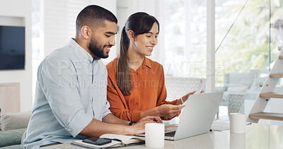 Buy stock photo Budget, documents and laptop with couple in kitchen of home together for finance or investment. Computer, money and paperwork with happy people in apartment for banking, bill payment or savings