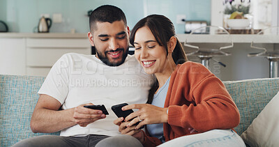 Buy stock photo Couple, phone and credit card on sofa with smile for online shopping, deal or easy payment in home. Happy woman, man and smartphone with mobile app for e commerce, discount sale or fintech at house