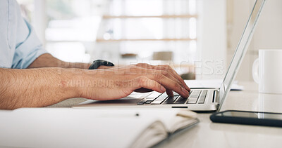 Buy stock photo Hands, person and typing on laptop at house for accounting, financial planning and bills payment. Man, PC and research for budget review, mortgage information and finance report of expenses statement